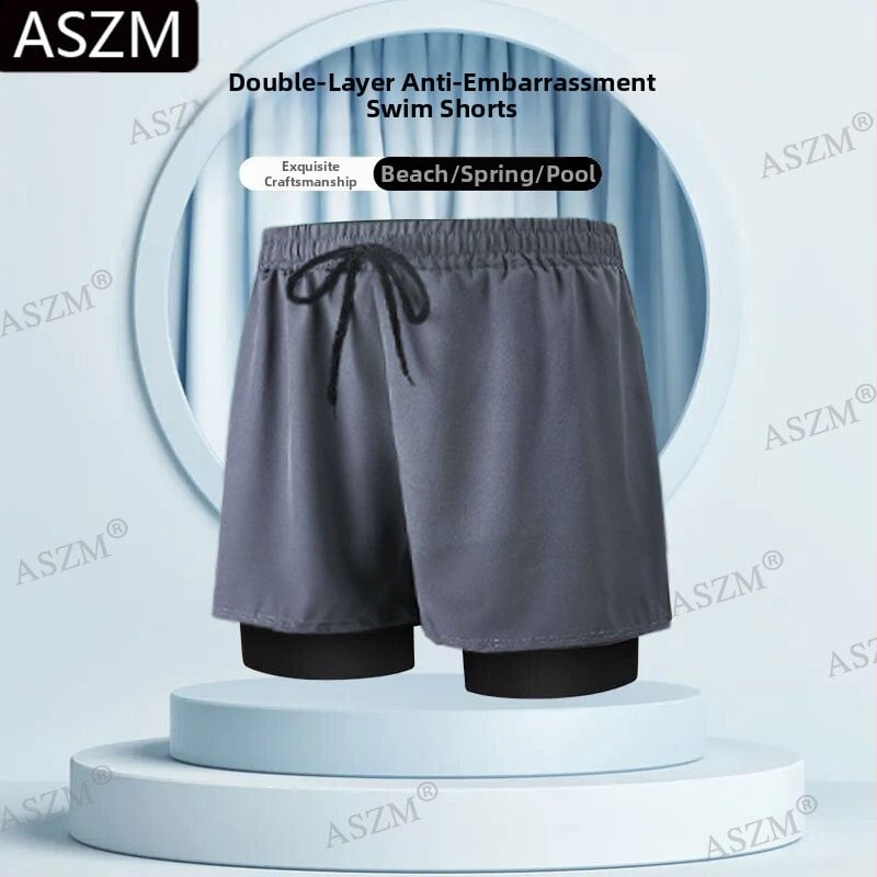 Pantaloni scurți de plajă pentru bărbați cu șnur - căptușire dublă, 95% poliester, elasticitate micro-bounce, previn situații jenante