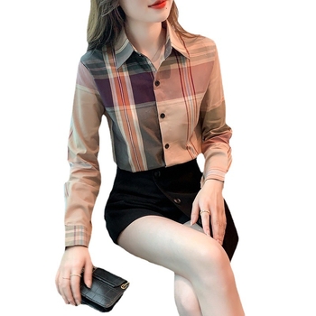 Košulja s kariranim uzorkom, dugi rukavi, polo ovratnik, ravni kroj, jesen 2023