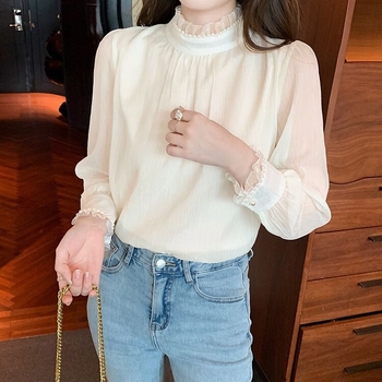 Chiffon bluza s flisa podstavom, smjesa poliestera-amonija, polu-visoki ovratnik, kratki rukavi, 3D vez