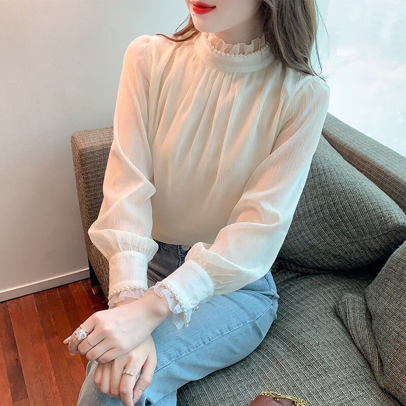 Chiffon bluza s flisa podstavom, smjesa poliestera-amonija, polu-visoki ovratnik, kratki rukavi, 3D vez