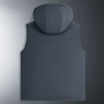 Γιλέκο από πούπουλα με κουκούλα, σταθερός γιακά, παχύ πολυεστερικό ύφασμα, γέμισμα 86–90% πούπουλα
