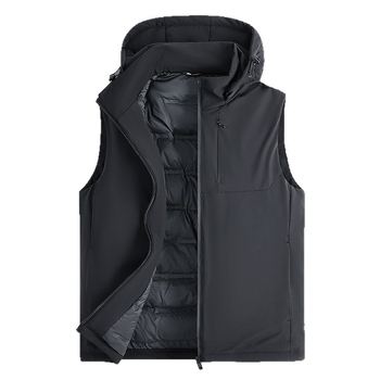 Γιλέκο από πούπουλα με κουκούλα, σταθερός γιακά, παχύ πολυεστερικό ύφασμα, γέμισμα 86–90% πούπουλα