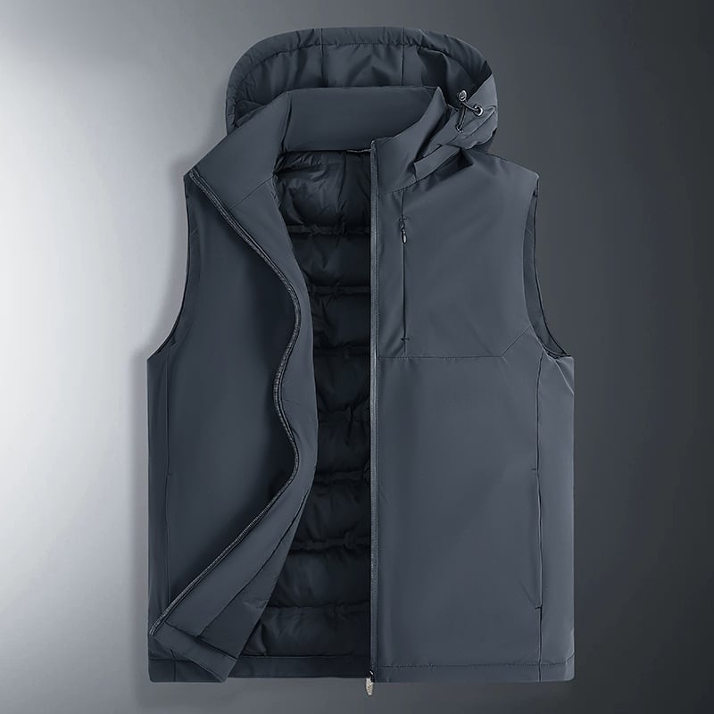 Γιλέκο από πούπουλα με κουκούλα, σταθερός γιακά, παχύ πολυεστερικό ύφασμα, γέμισμα 86–90% πούπουλα