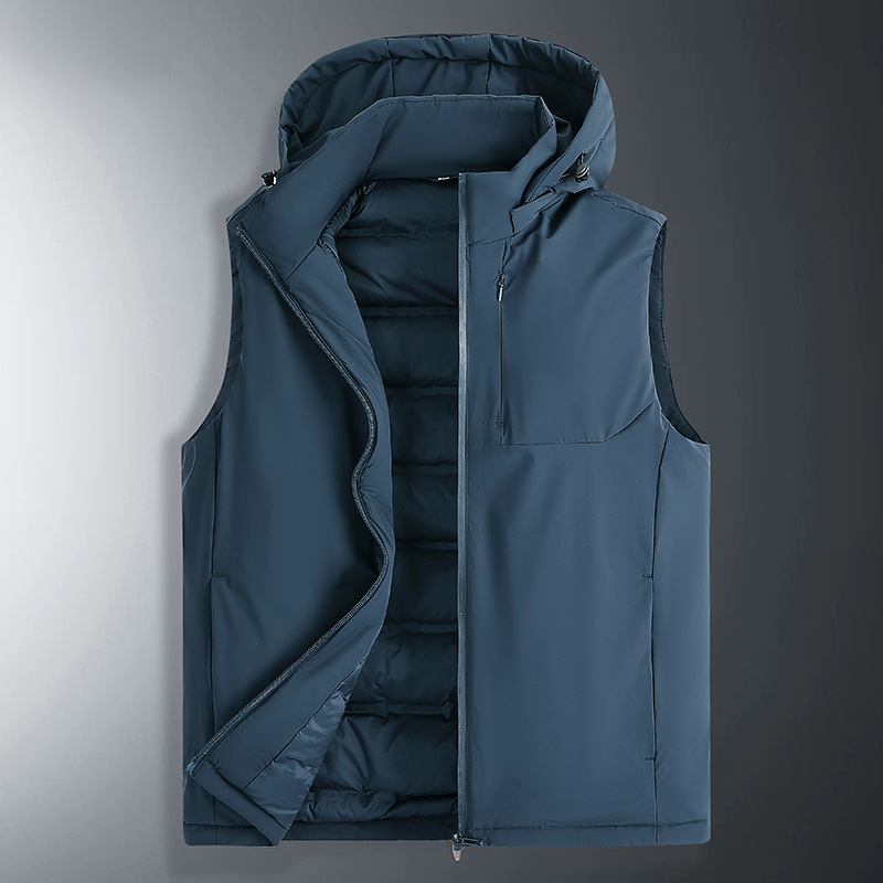 Γιλέκο από πούπουλα με κουκούλα, σταθερός γιακά, παχύ πολυεστερικό ύφασμα, γέμισμα 86–90% πούπουλα