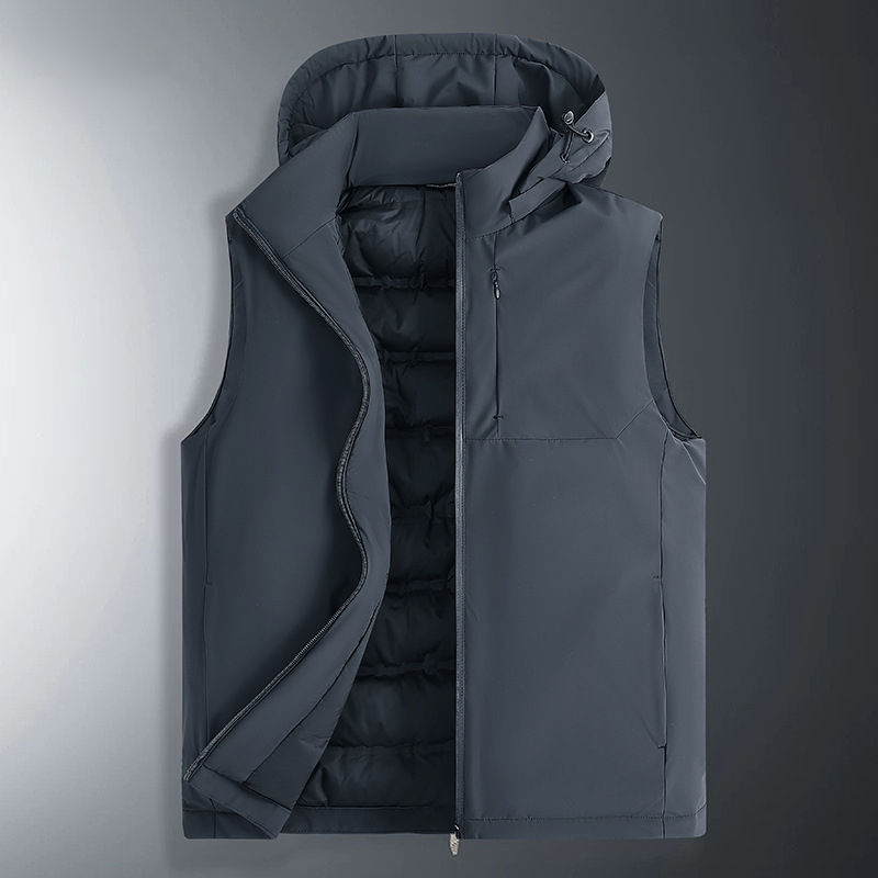 Γιλέκο από πούπουλα με κουκούλα, σταθερός γιακά, παχύ πολυεστερικό ύφασμα, γέμισμα 86–90% πούπουλα