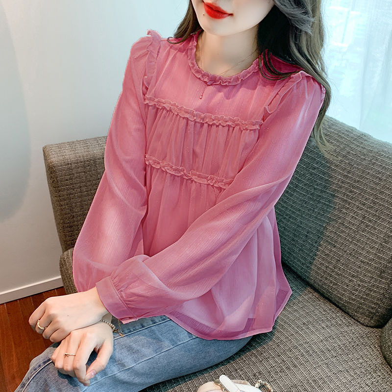 Top u francuskom stilu s okruglim izrezom, Chenille tkanina s elastanom, volanasti kroj, rukavi u stilu princeze