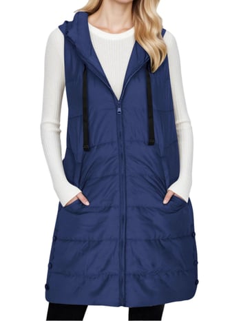 Vesta damă cu glugă și fermoar, umplutură din bumbac, țesătură poliester, lungime 80-100 cm