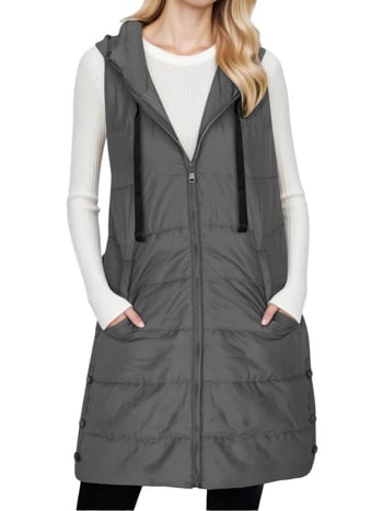 Vesta damă cu glugă și fermoar, umplutură din bumbac, țesătură poliester, lungime 80-100 cm