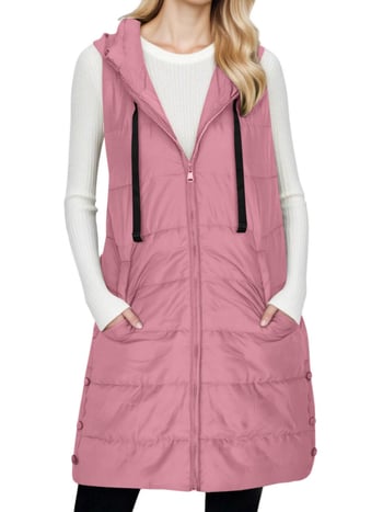 Vesta damă cu glugă și fermoar, umplutură din bumbac, țesătură poliester, lungime 80-100 cm