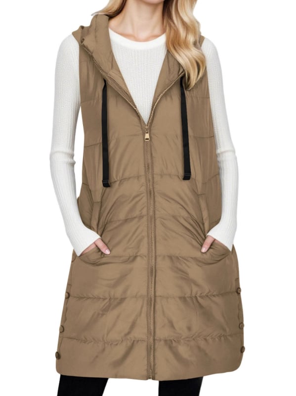 Vesta damă cu glugă și fermoar, umplutură din bumbac, țesătură poliester, lungime 80-100 cm