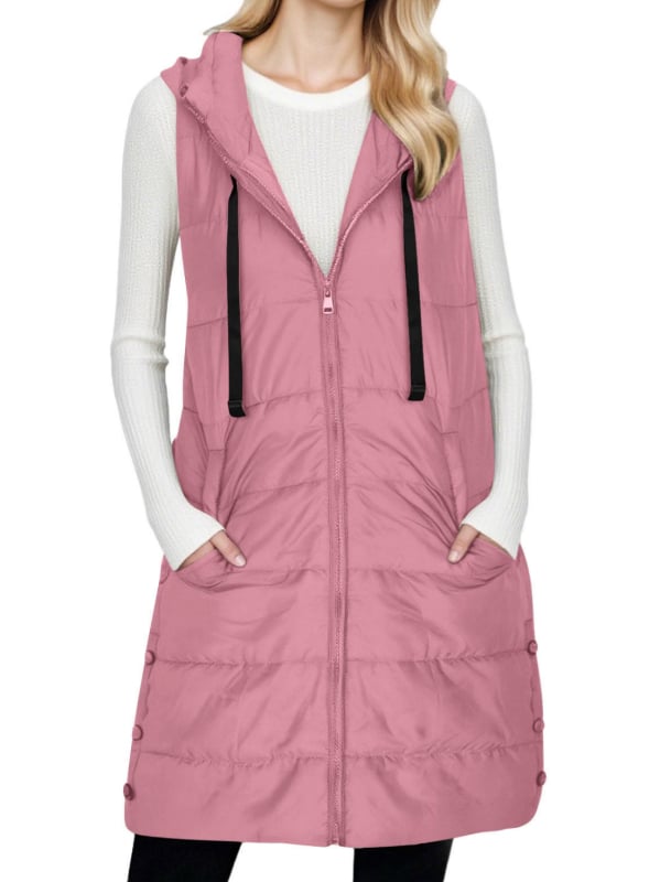Vesta damă cu glugă și fermoar, umplutură din bumbac, țesătură poliester, lungime 80-100 cm
