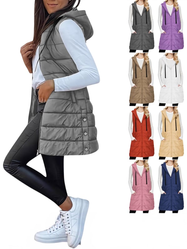 Vesta damă cu glugă și fermoar, umplutură din bumbac, țesătură poliester, lungime 80-100 cm