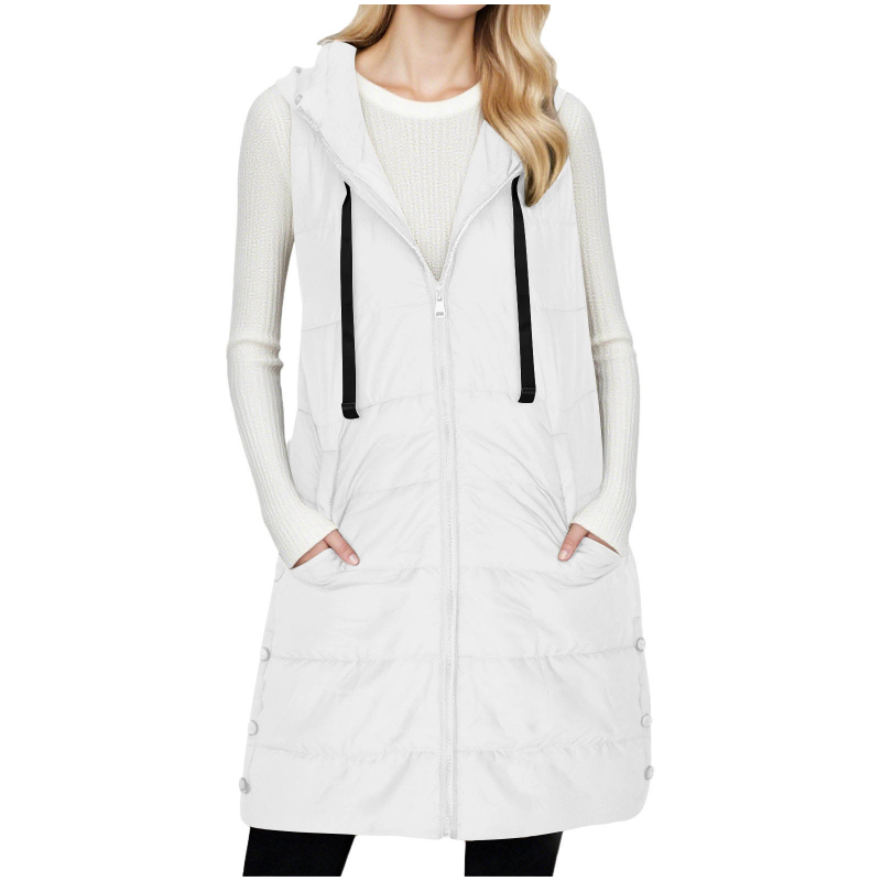 Vesta damă cu glugă și fermoar, umplutură din bumbac, țesătură poliester, lungime 80-100 cm