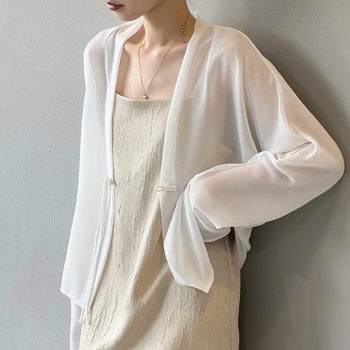 Ženska šifonska cardigan košulja s UV zaštitom, V-izrez, dugi rukavi, front gumbima, lagani ljetni materijal, mješavina šifona-poliester (90–95% šifona), ljetna kolekcija 2024