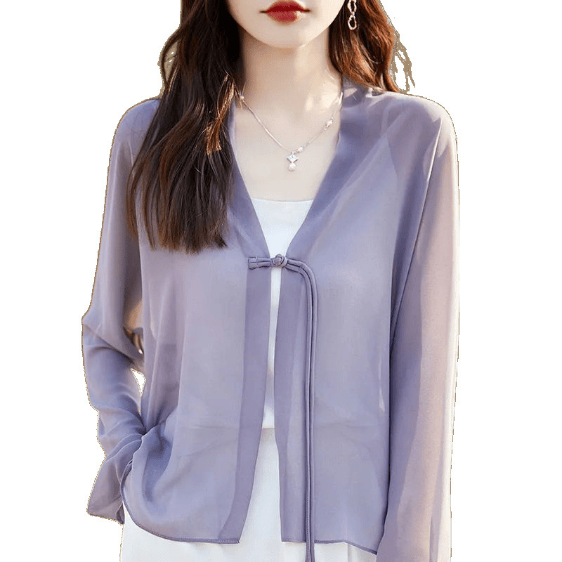 Ženska šifonska cardigan košulja s UV zaštitom, V-izrez, dugi rukavi, front gumbima, lagani ljetni materijal, mješavina šifona-poliester (90–95% šifona), ljetna kolekcija 2024