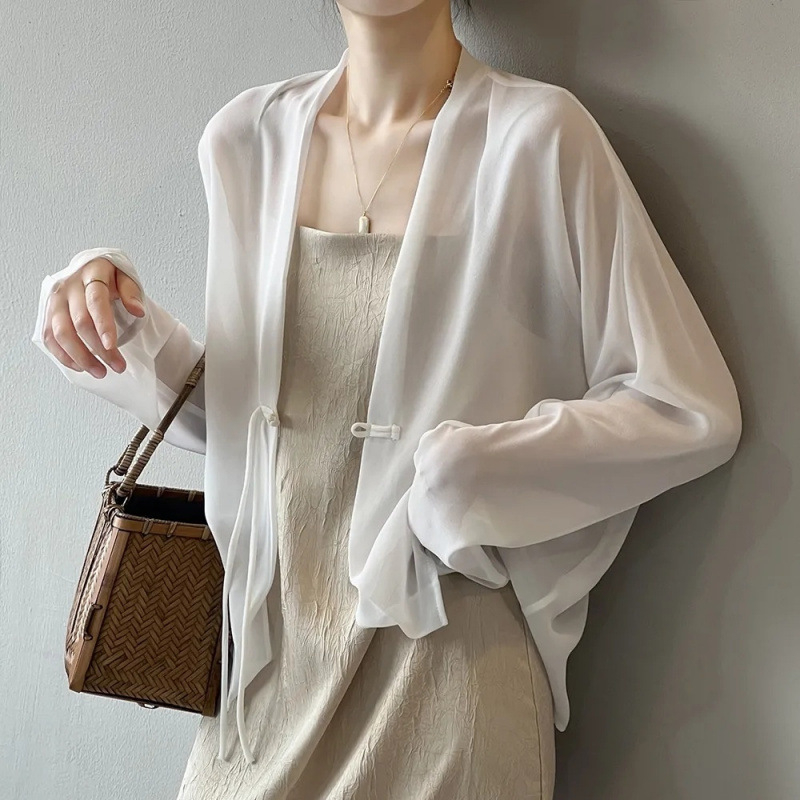 Ženska šifonska cardigan košulja s UV zaštitom, V-izrez, dugi rukavi, front gumbima, lagani ljetni materijal, mješavina šifona-poliester (90–95% šifona), ljetna kolekcija 2024