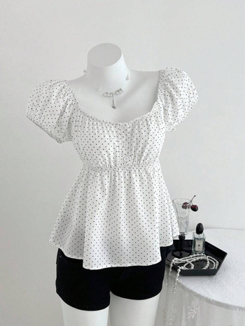 Top s točkastim uzorom, balon rukavima, kvadratni izrez, A-line silueta, poliester