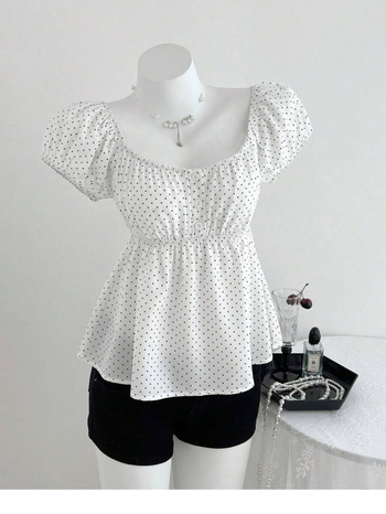 Top s točkastim uzorom, balon rukavima, kvadratni izrez, A-line silueta, poliester
