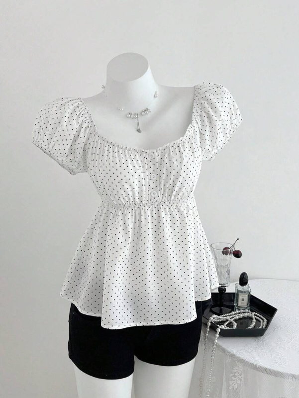 Top s točkastim uzorom, balon rukavima, kvadratni izrez, A-line silueta, poliester