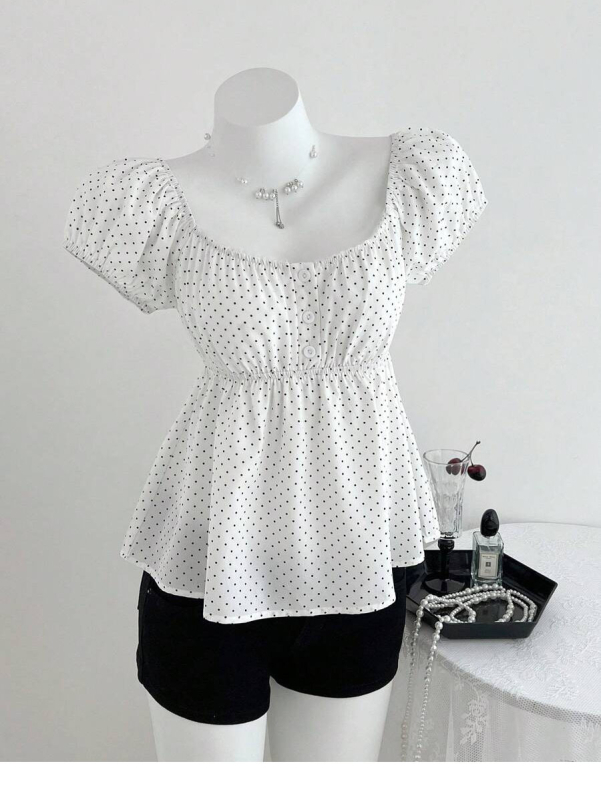 Top s točkastim uzorom, balon rukavima, kvadratni izrez, A-line silueta, poliester