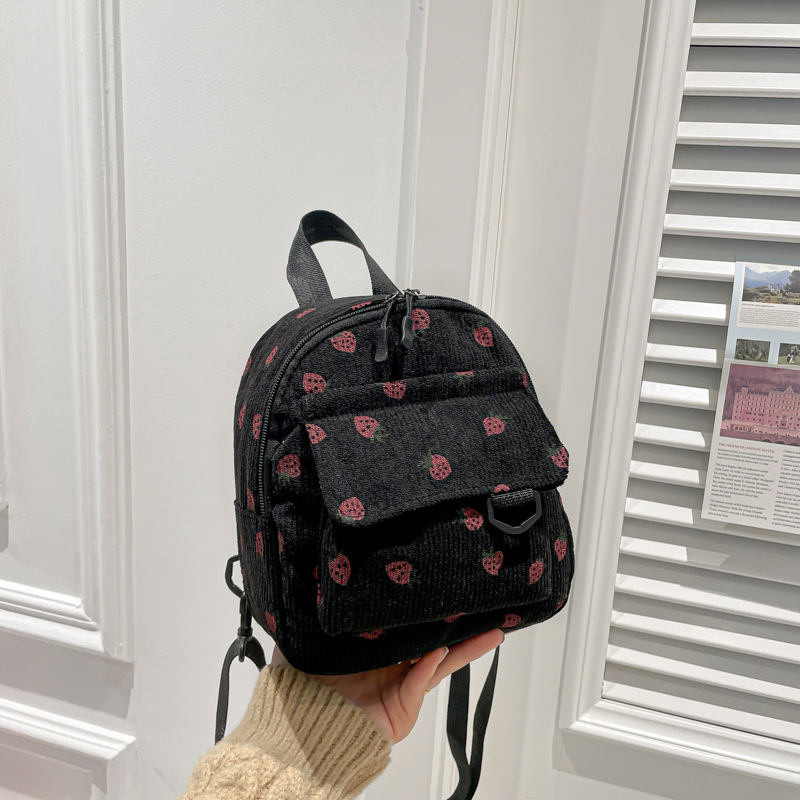 Mini ruksak od corduroya za žene, gradski minimalistički stil, stane 8-inčni laptop, kapacitet ispod 20 l, voćni uzorak