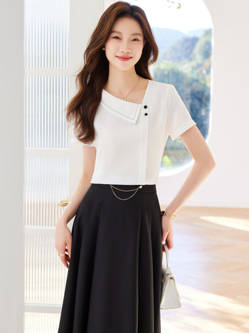 Женска риза за лято 2025: елегантна вталена блуза от полиестер със спандекс, едноцветна, къс ръкав, V-образно деколте