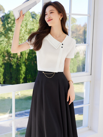 Женска риза за лято 2025: елегантна вталена блуза от полиестер със спандекс, едноцветна, къс ръкав, V-образно деколте