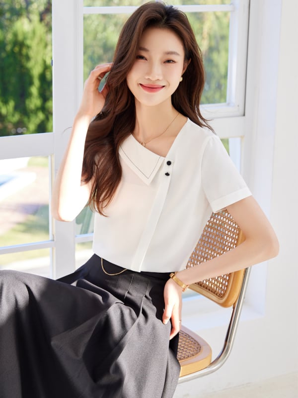Женска риза за лято 2025: елегантна вталена блуза от полиестер със спандекс, едноцветна, къс ръкав, V-образно деколте