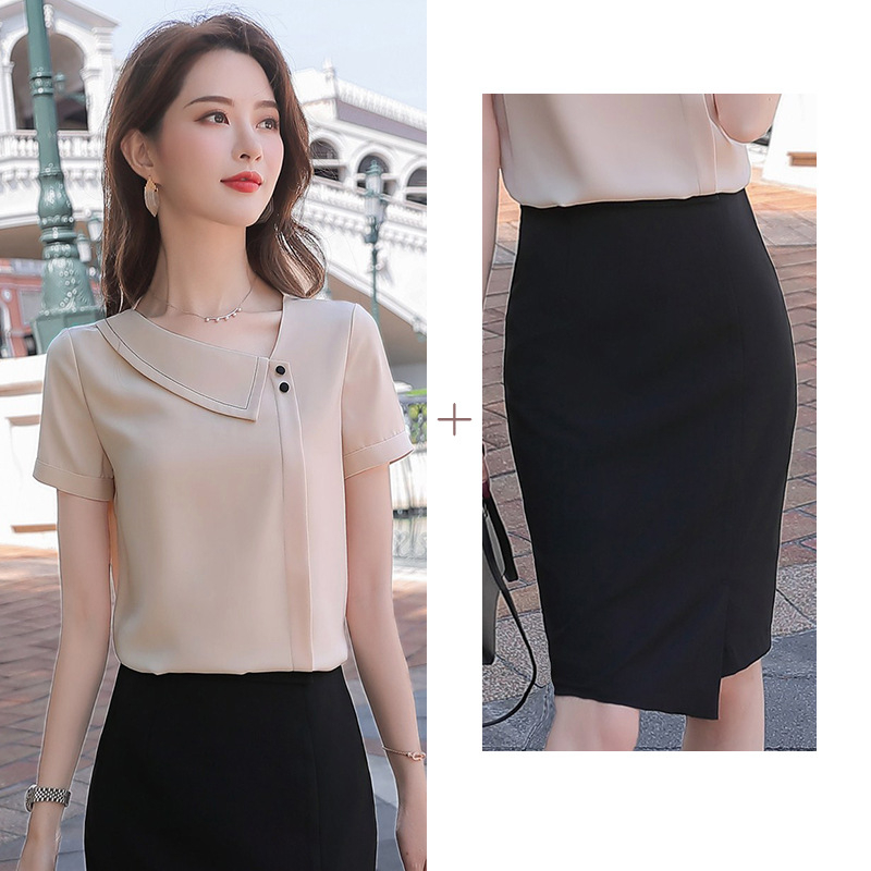 Женска риза за лято 2025: елегантна вталена блуза от полиестер със спандекс, едноцветна, къс ръкав, V-образно деколте