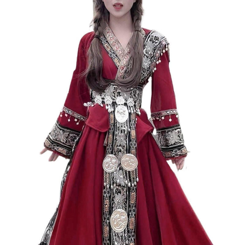 Etnički kineski stil pozorišni kostim set s motivima Miao i Tujia, Hanfu elementi za ženski folklorni ples i putnu fotografiju (Chenille; Spandex; proljeće 2025; Žena)