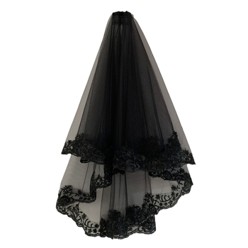 Crna ukosnica za glavu s mrežastim veoom i čipkastim rubom, retro ženski stil, U obliku, duljina do lakta