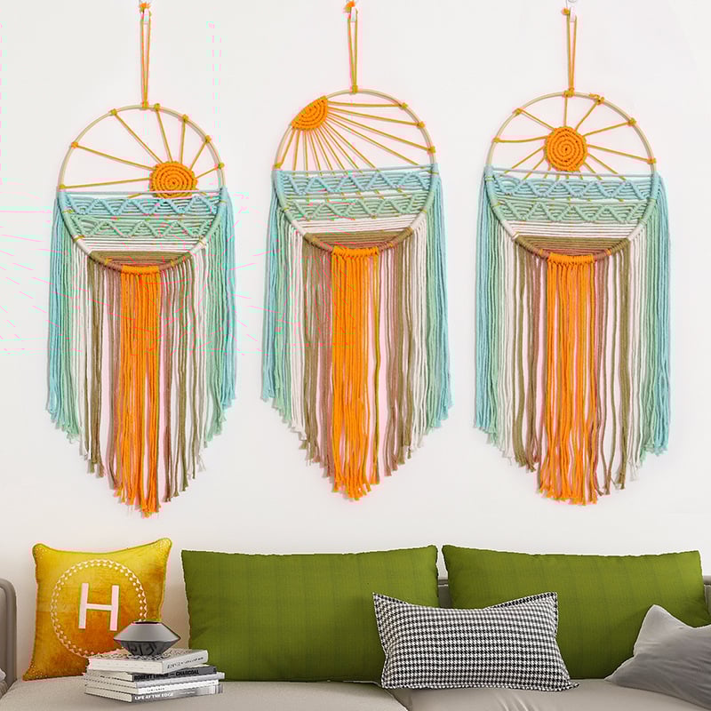 Κύκλιος υφαντός πίνακας από βαμβάκι, χειροποίητος, με στοιχεία από μπαμπού, σχέδιο τοπίου, στυλ INS Nordic