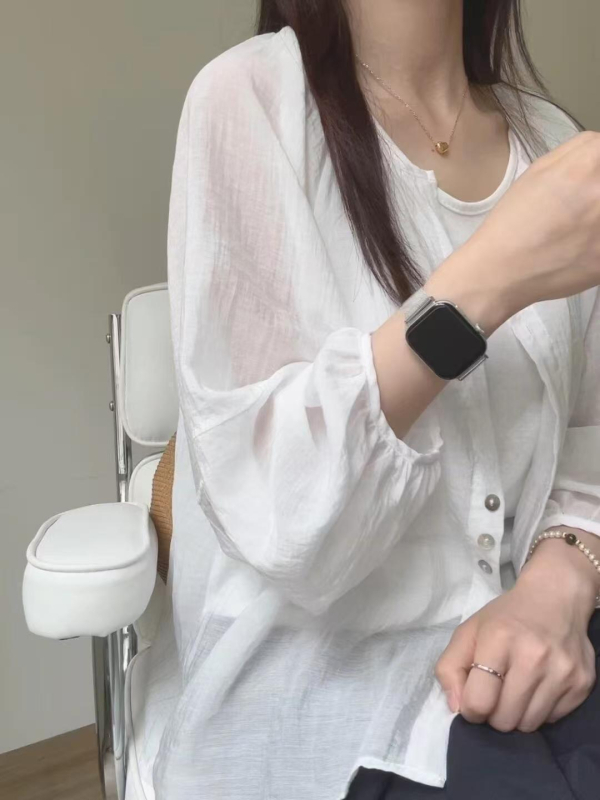Ženska bluza-jakna od tankog šifona za zaštitu od sunca, slobodan kroj, srednja duljina, polo ovratnik, dugi rukavi, Tencel mješavina