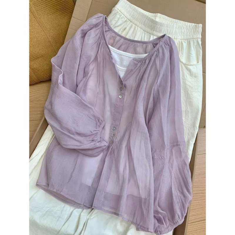 Ženska bluza-jakna od tankog šifona za zaštitu od sunca, slobodan kroj, srednja duljina, polo ovratnik, dugi rukavi, Tencel mješavina