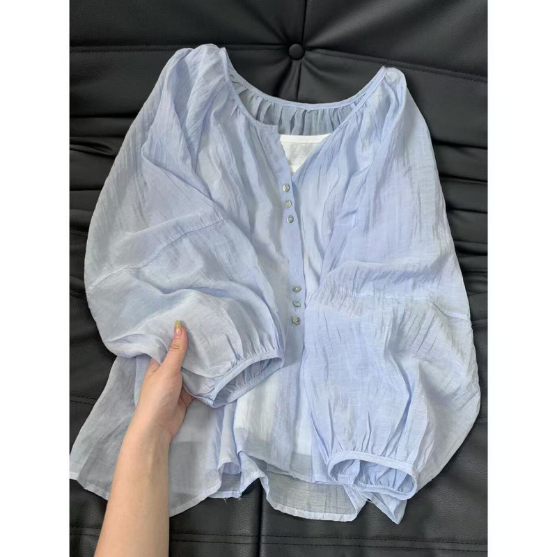 Ženska bluza-jakna od tankog šifona za zaštitu od sunca, slobodan kroj, srednja duljina, polo ovratnik, dugi rukavi, Tencel mješavina