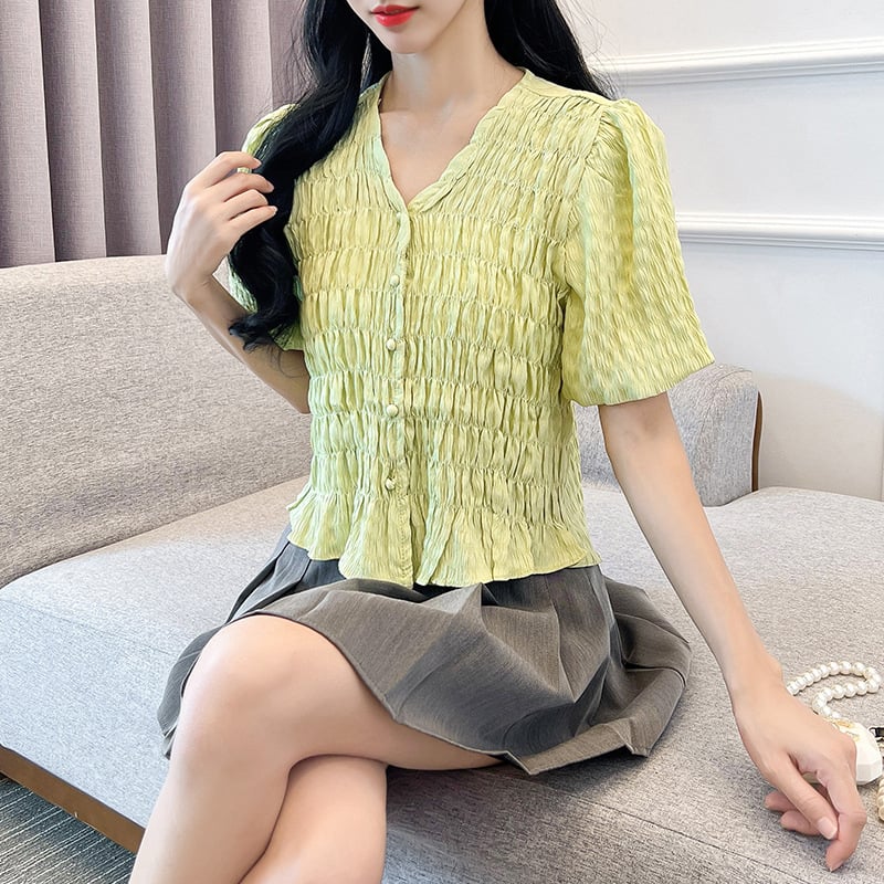 Šifonska bluza s V izrezom, naborani kratki rukavi, ljetna kolekcija 2024, gradski stil