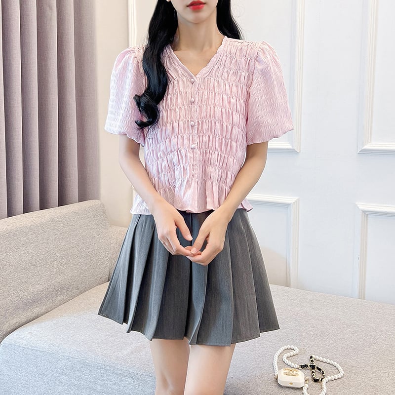 Šifonska bluza s V izrezom, naborani kratki rukavi, ljetna kolekcija 2024, gradski stil