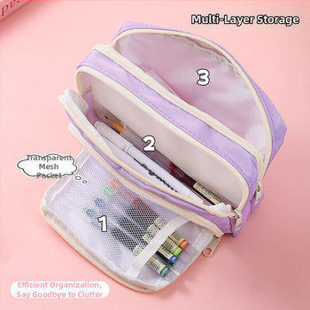 Penar pentru creioane cu fereastră, capacitate mare, design cu mai multe straturi, poliester, stil coreean