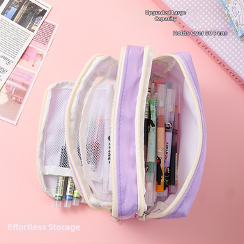 Penar pentru creioane cu fereastră, capacitate mare, design cu mai multe straturi, poliester, stil coreean