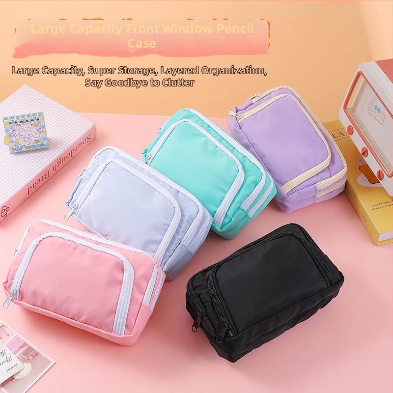 Penar pentru creioane cu fereastră, capacitate mare, design cu mai multe straturi, poliester, stil coreean