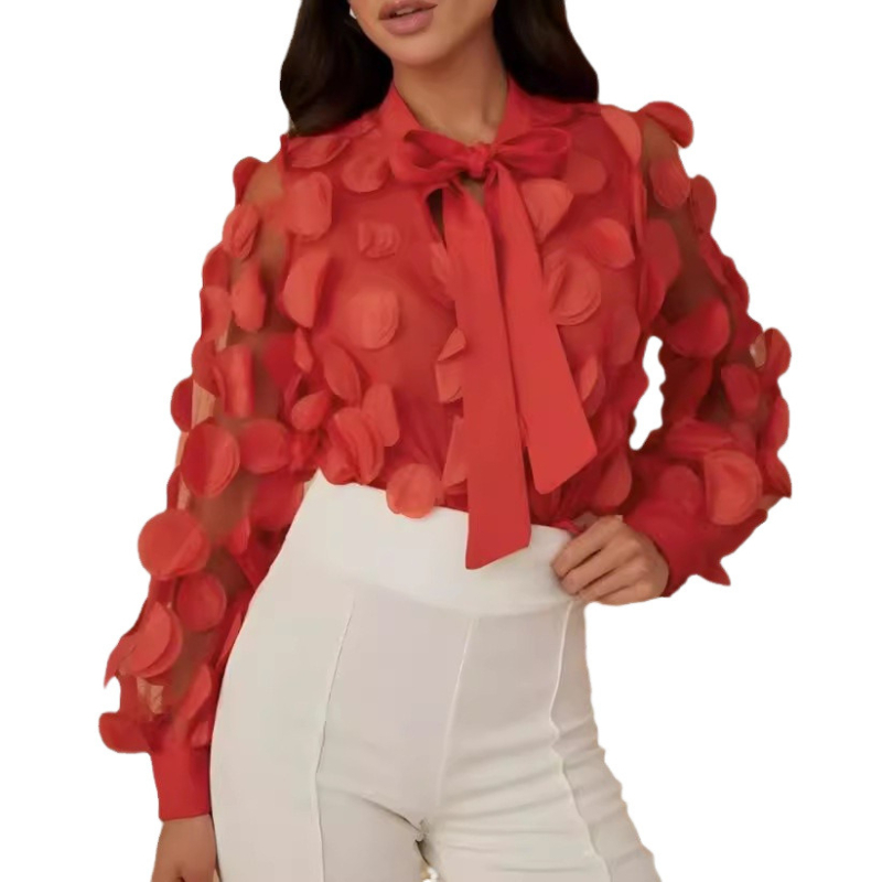 Ženska šifon bluza s lampion rukavima, kvadratni ovratnik, jacquard tkanina, 90–95% spandeks