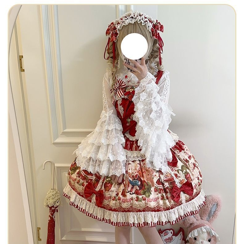 Bluza u Lolita stilu s princevnim rukavima, čipka i mašna, Chenille tkanina s 70–80% Spandex, ovratnik s jednim redom