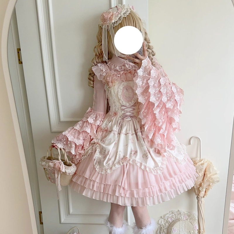Bluza u Lolita stilu s princevnim rukavima, čipka i mašna, Chenille tkanina s 70–80% Spandex, ovratnik s jednim redom