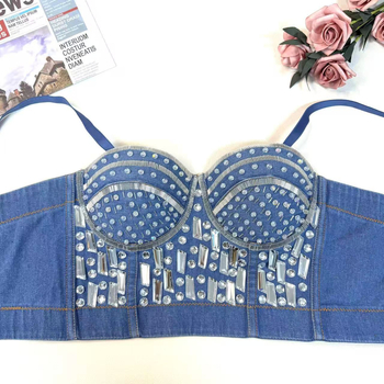 Ντένιμ bustier cami top με χάντρες, μήκος μέχρι τη μέση, λεπτές διαμορφωμένες cups