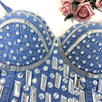 Ντένιμ bustier cami top με χάντρες, μήκος μέχρι τη μέση, λεπτές διαμορφωμένες cups