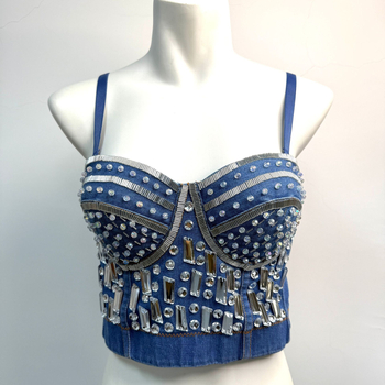 Ντένιμ bustier cami top με χάντρες, μήκος μέχρι τη μέση, λεπτές διαμορφωμένες cups