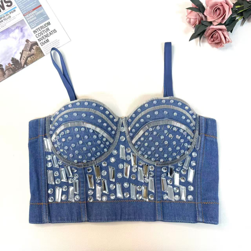 Ντένιμ bustier cami top με χάντρες, μήκος μέχρι τη μέση, λεπτές διαμορφωμένες cups