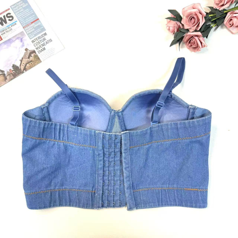 Ντένιμ bustier cami top με χάντρες, μήκος μέχρι τη μέση, λεπτές διαμορφωμένες cups