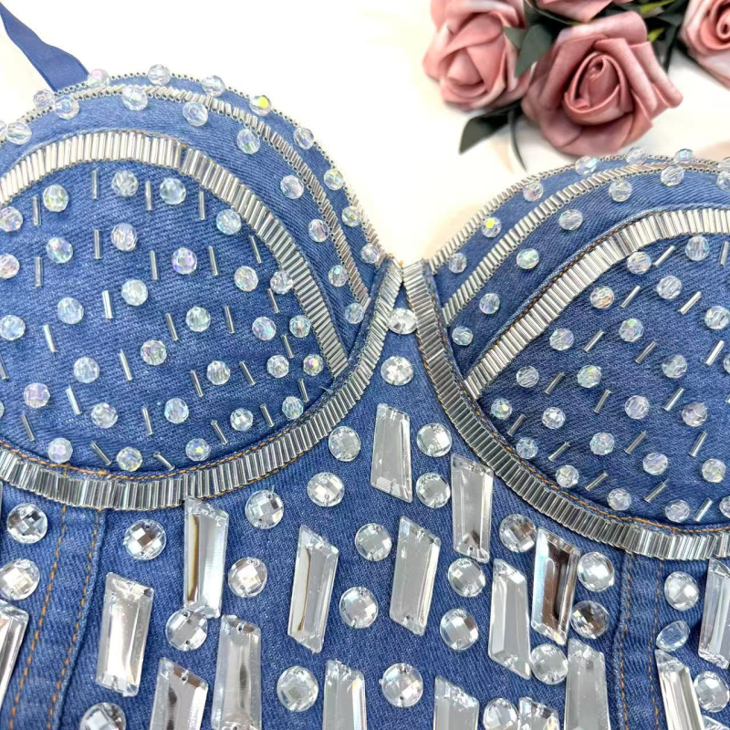 Ντένιμ bustier cami top με χάντρες, μήκος μέχρι τη μέση, λεπτές διαμορφωμένες cups