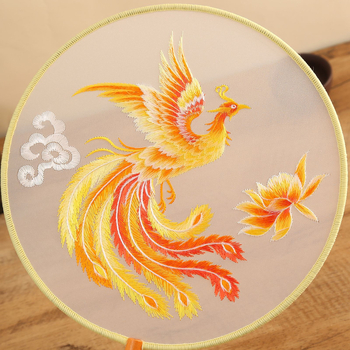 Fân rotund dublu brodat, stil chinezesc, motív phoenix, mătase, ramă din lemn
